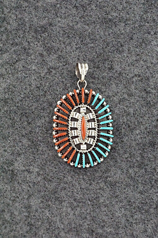 Turquoise, Coral & Sterling Silver Pendant - Edmund Cooeyate