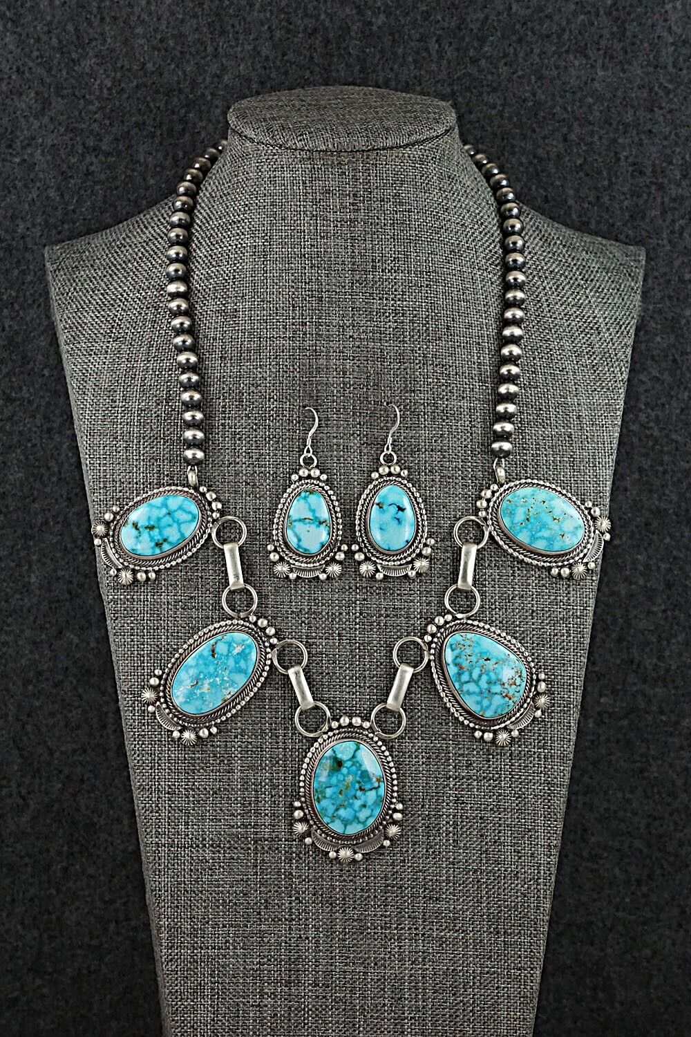 Turquoise & Sterling Silver Necklace and Earrings Set - Tom Lewis