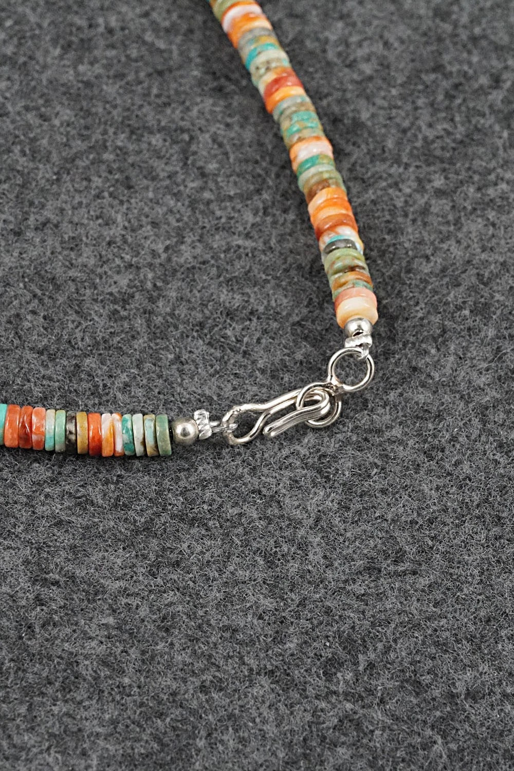 Turquoise, Spiny Oyster & Sterling Silver Necklace 17" - Doreen Jake