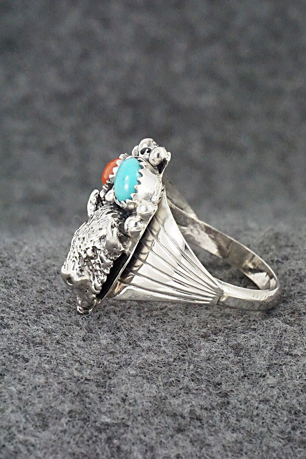Turquoise, Coral & Sterling Silver Ring - Jeannette Saunders - Size 12.5