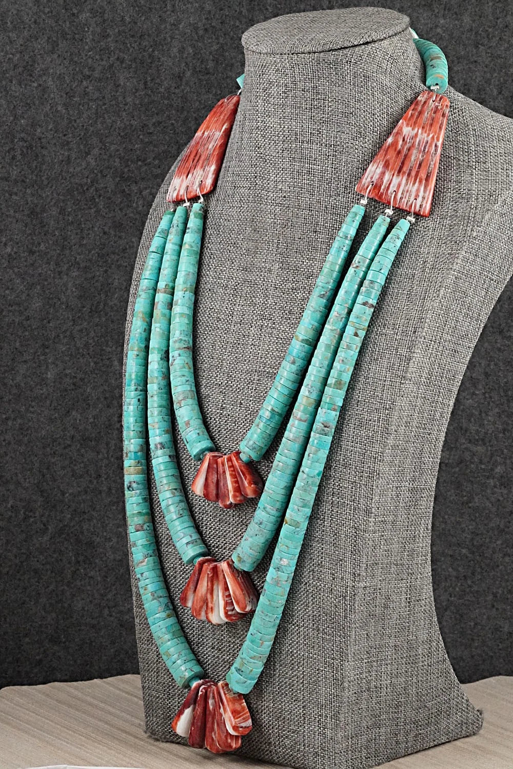 Turquoise, Spiny Oyster and Sterling Silver Necklace - Lupe Lovato