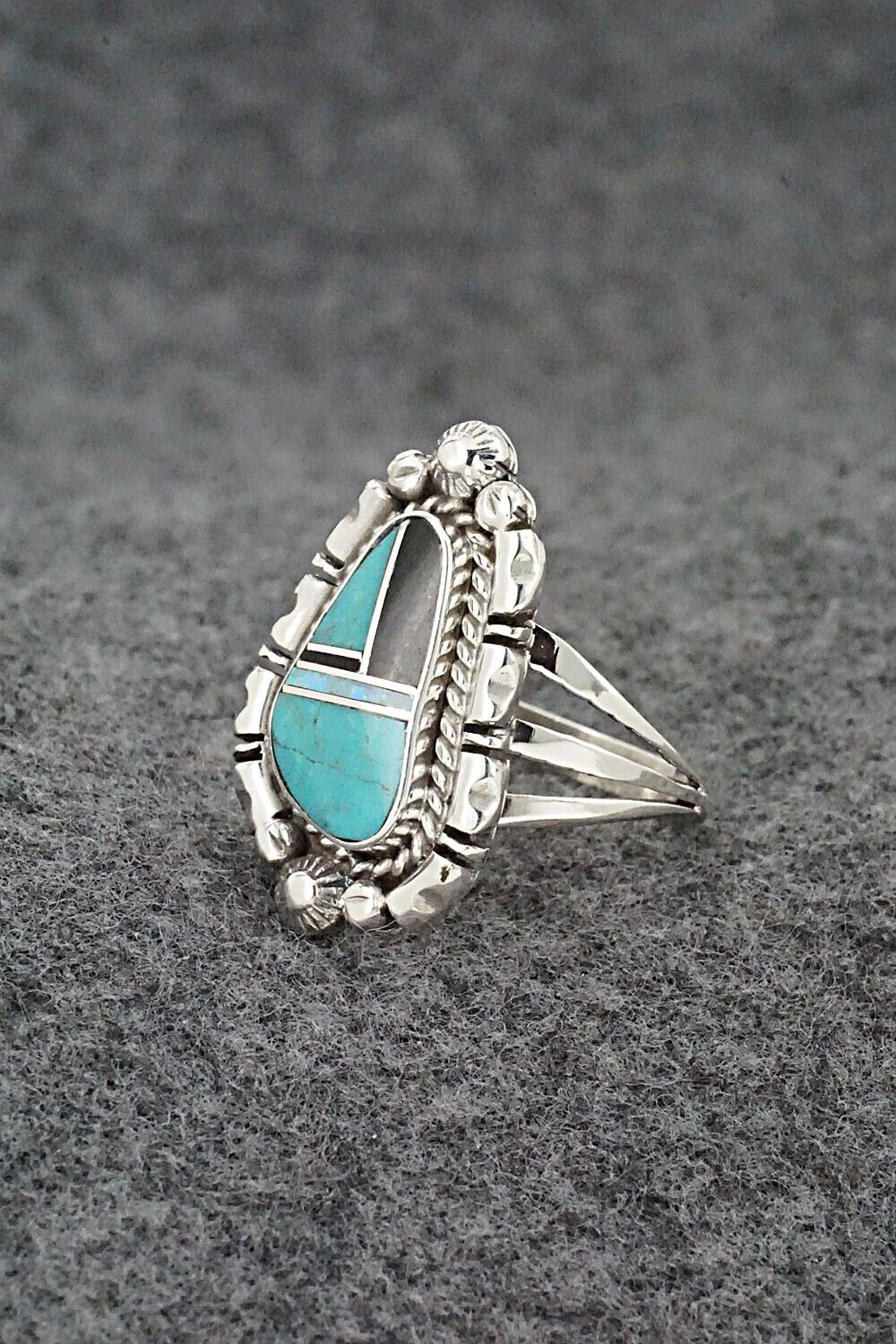 Turquoise, Opalite, Onyx & Sterling Silver Ring - James Manygoats - Size 9