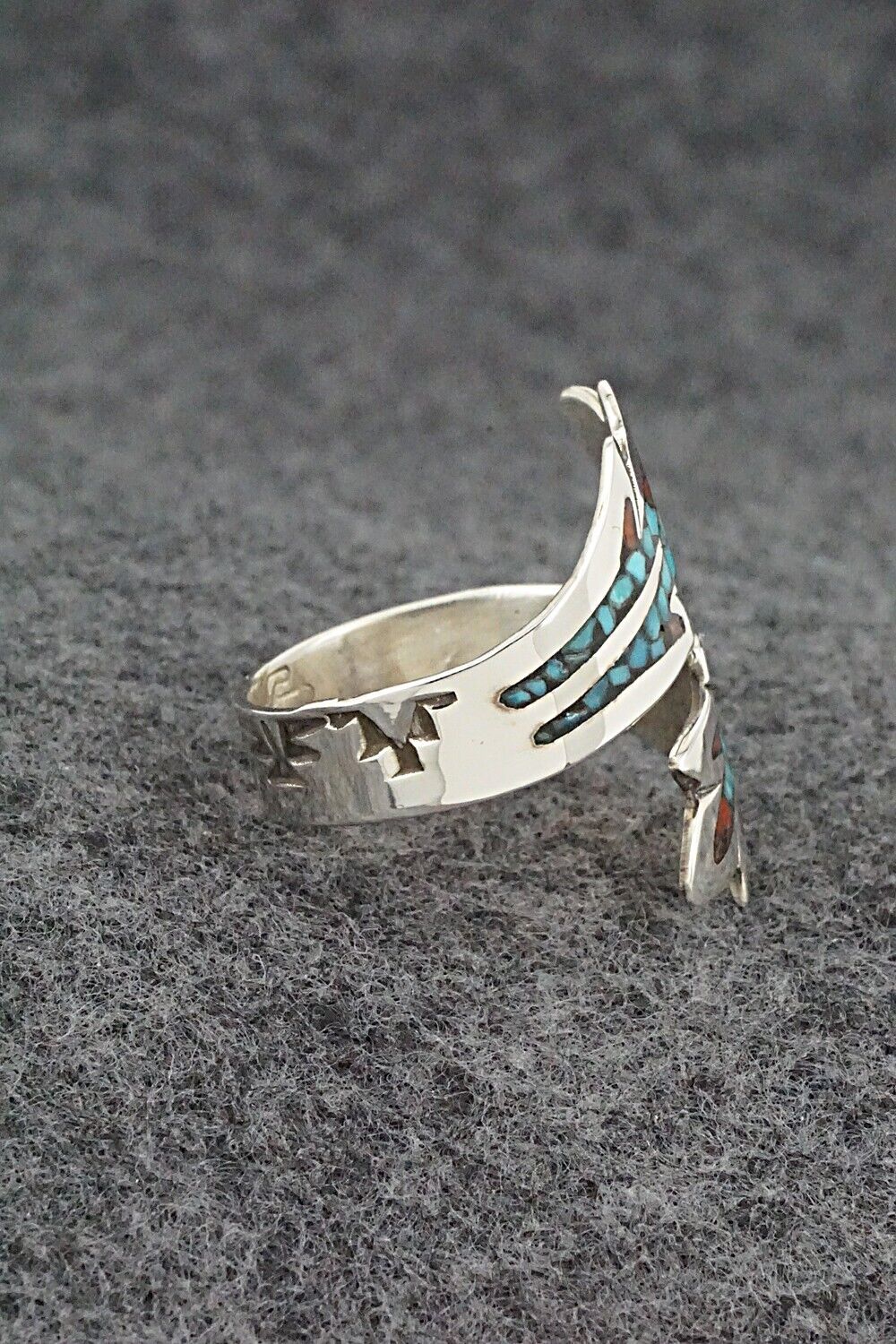 Turquoise, Coral & Sterling Silver Ring - Jolene Yazzie - Size 10