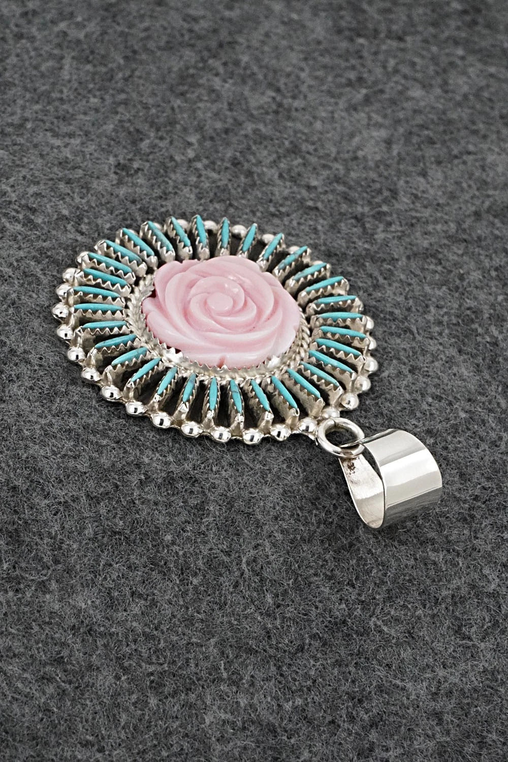 Turquoise, Pink Conch & Sterling Silver Pendant - Roland Francisco