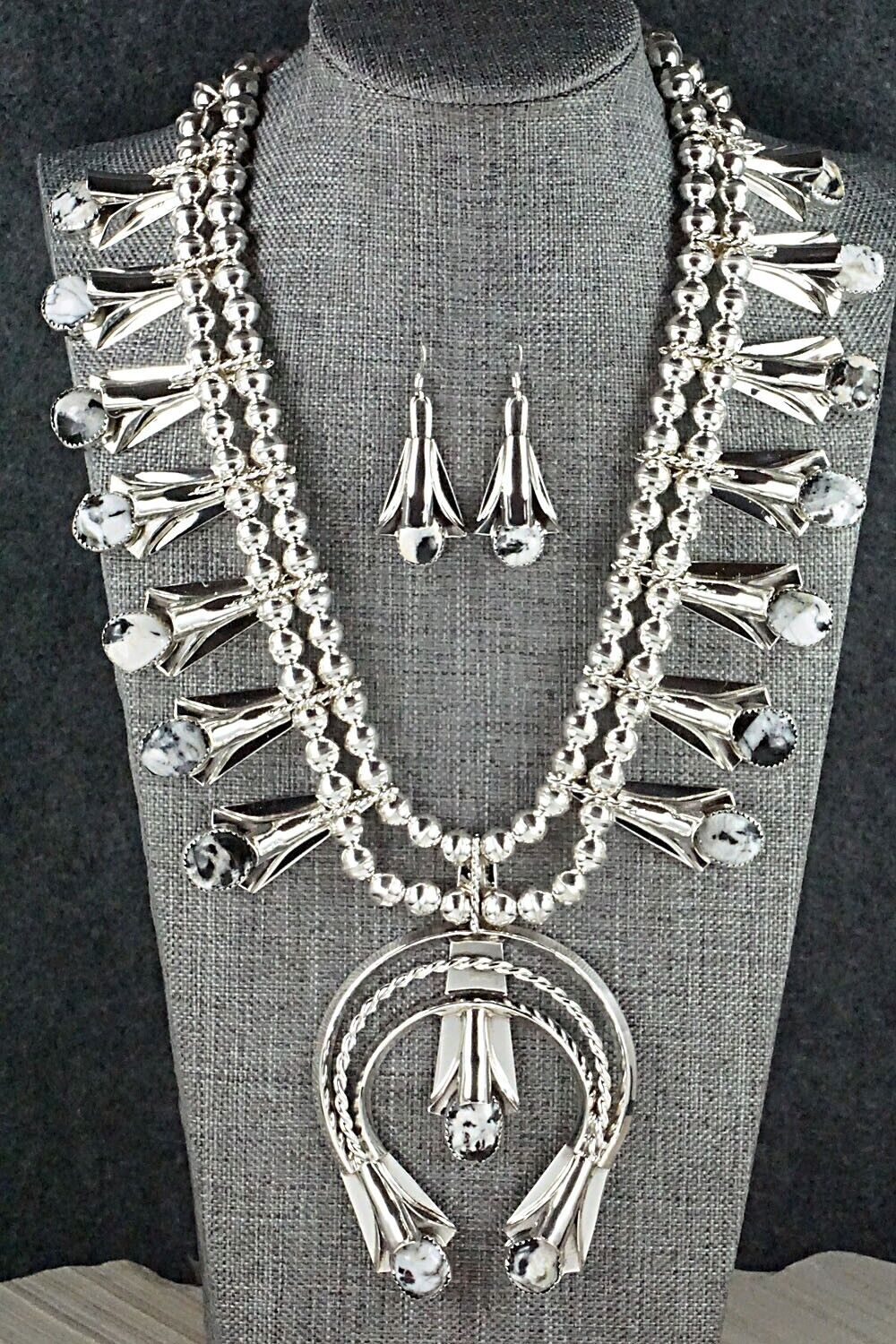 White Buffalo & Sterling Silver Squash Blossom Set - Louise Yazzie