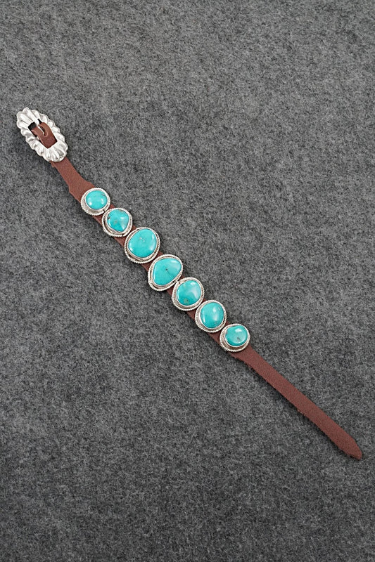 Turquoise, Sterling Silver & Leather Bracelet - Rosita Charlie