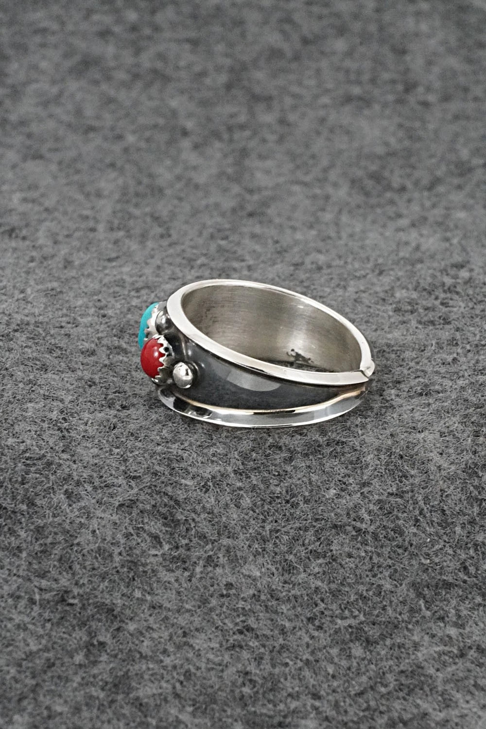 Turquoise, Coral & Sterling Silver Ring - Paul Largo - Size 12