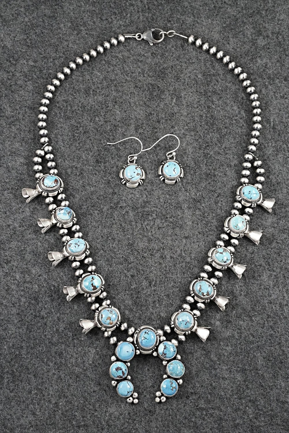 Turquoise & Sterling Silver Squash Blossom Necklace Set - Mark Yazzie