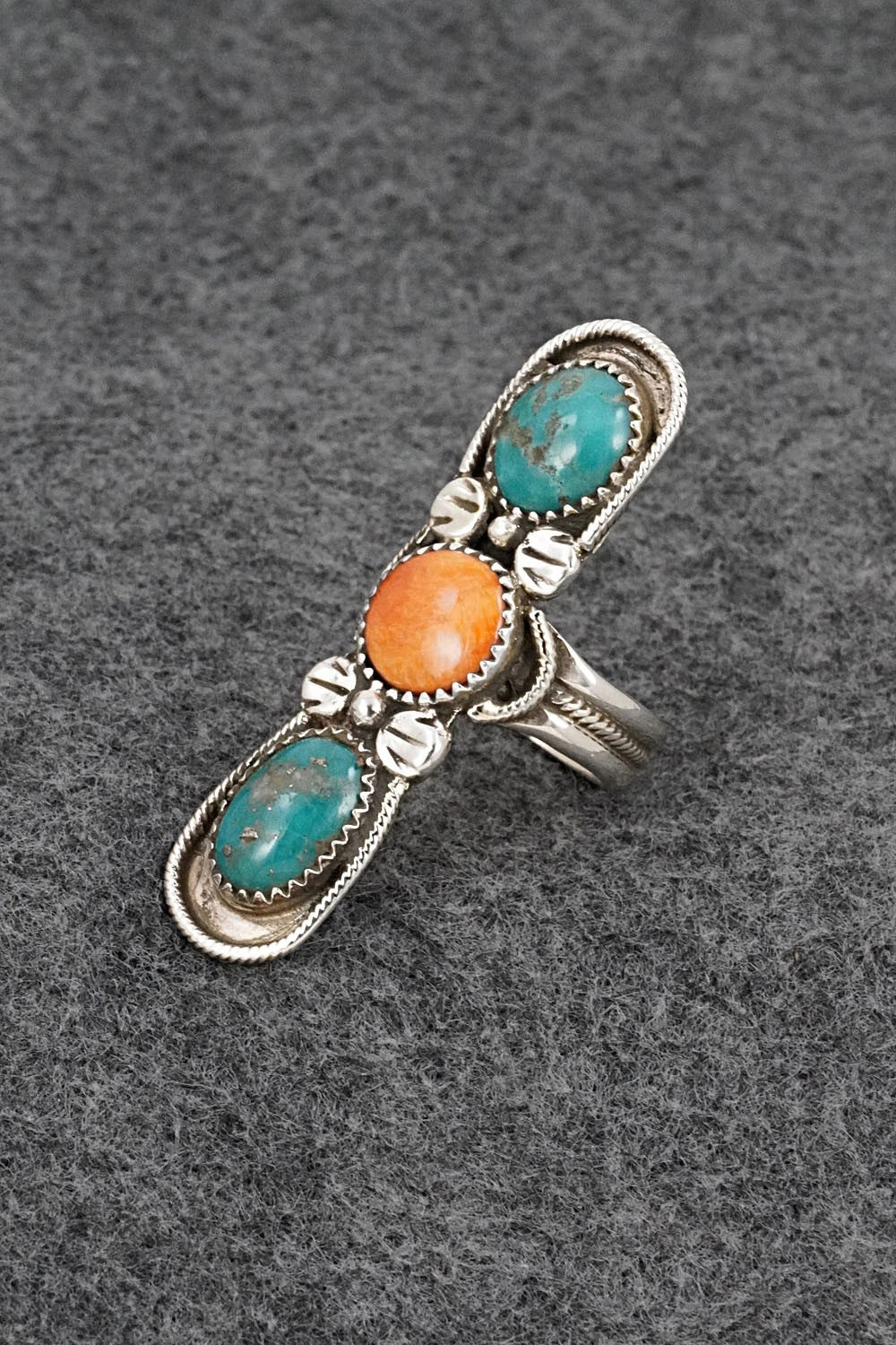Turquoise, Spiny Oyster & Sterling Silver Ring - Priscilla Reeder - Size 8.5