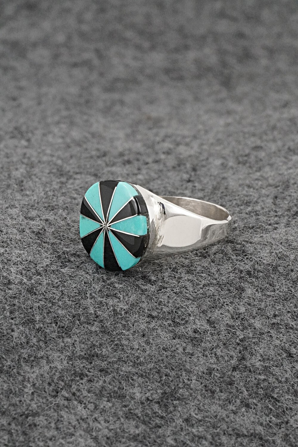 Turquoise, Onyx & Sterling Silver Inlay Ring - Johnson Laweka - Size 6.5