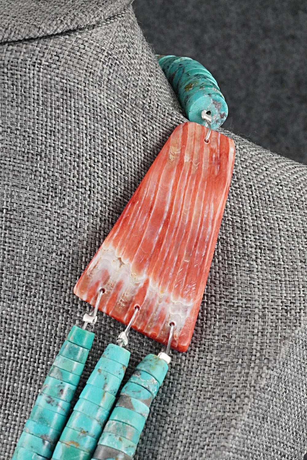 Turquoise, Spiny Oyster and Sterling Silver Necklace - Lupe Lovato