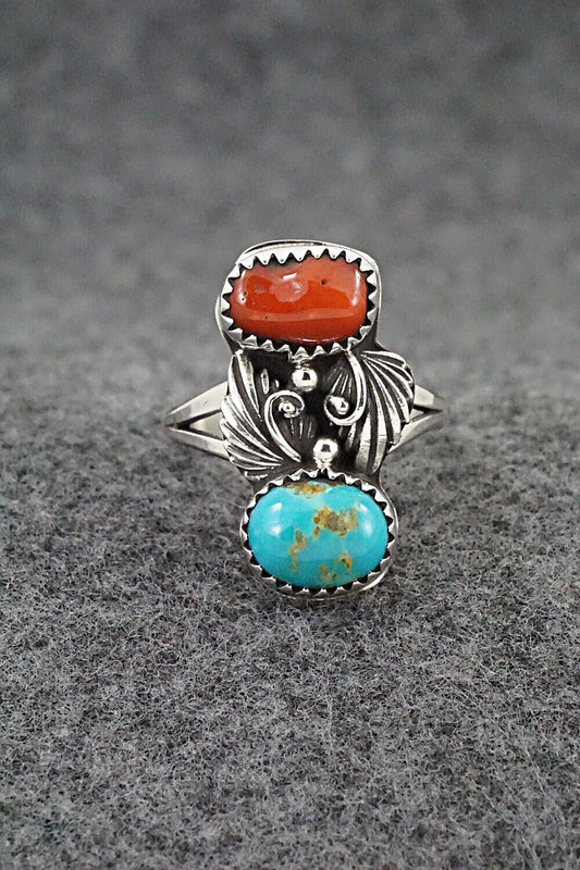Coral, Turquoise & Sterling Silver Ring - Alice Rose Saunders - Size 7.75