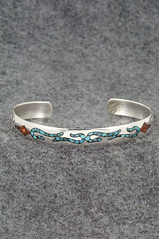 Turquoise, Coral & Sterling Silver Inlay Bracelet - Jolene Yazzie