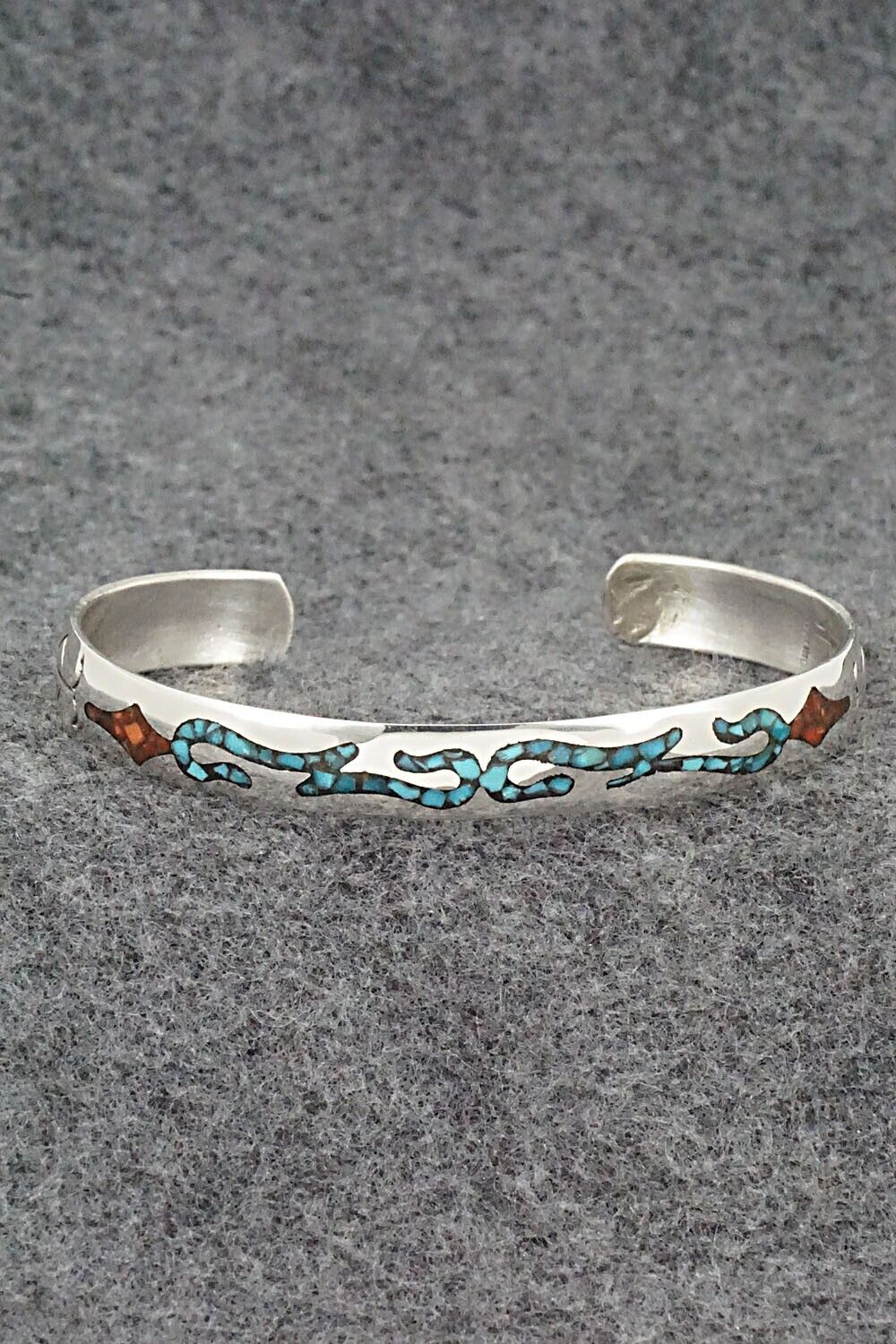 Turquoise, Coral & Sterling Silver Inlay Bracelet - Jolene Yazzie
