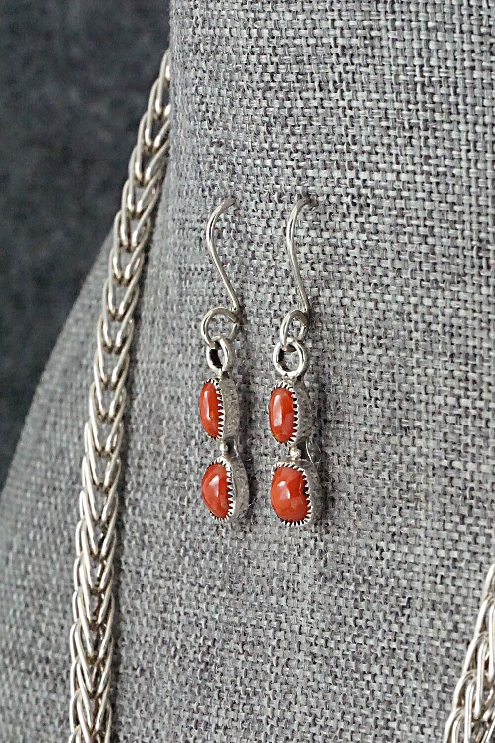 Coral & Sterling Silver Necklace and Earrings Set - Smokey Gchachu