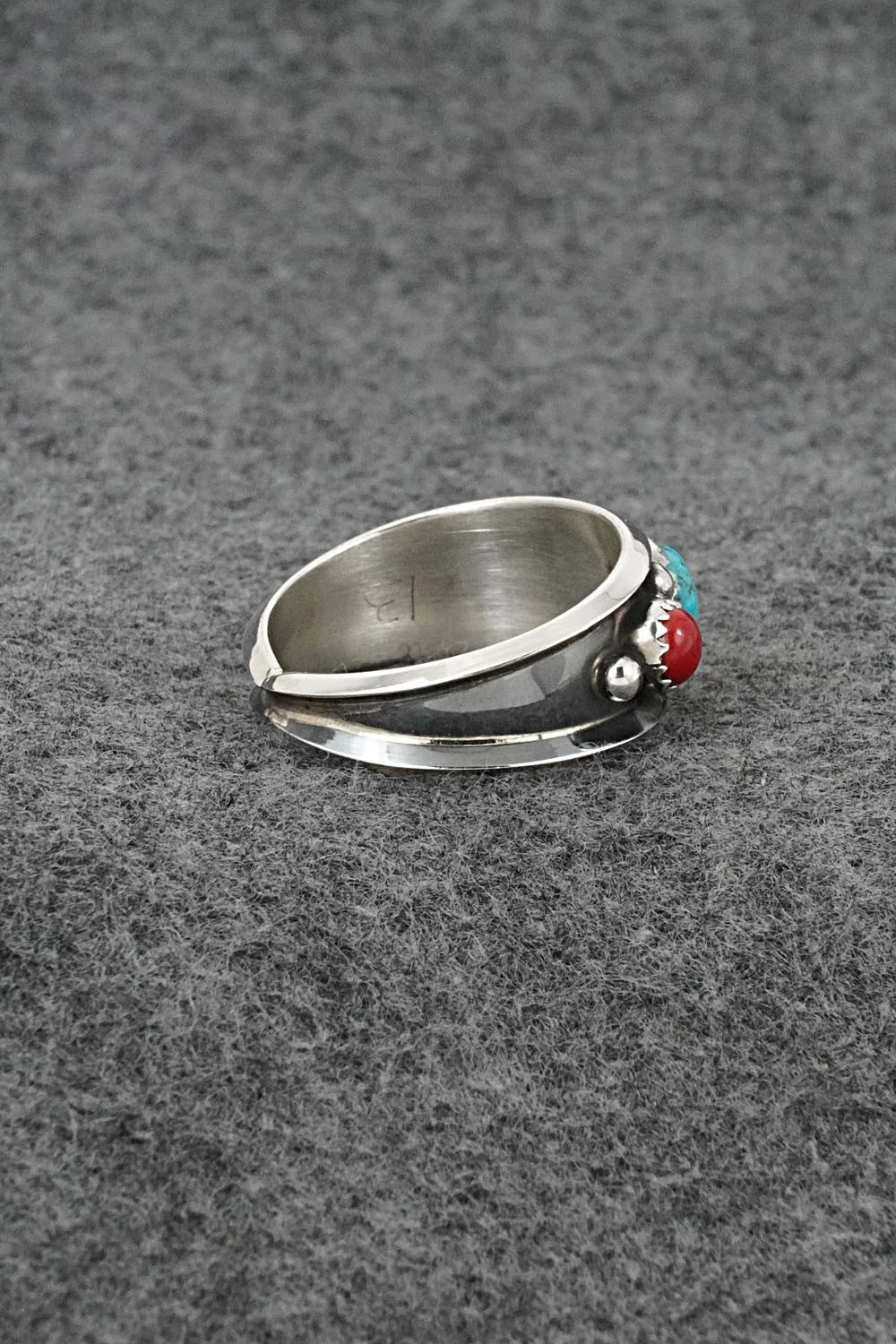 Turquoise, Coral & Sterling Silver Ring - Paul Largo - Size 13