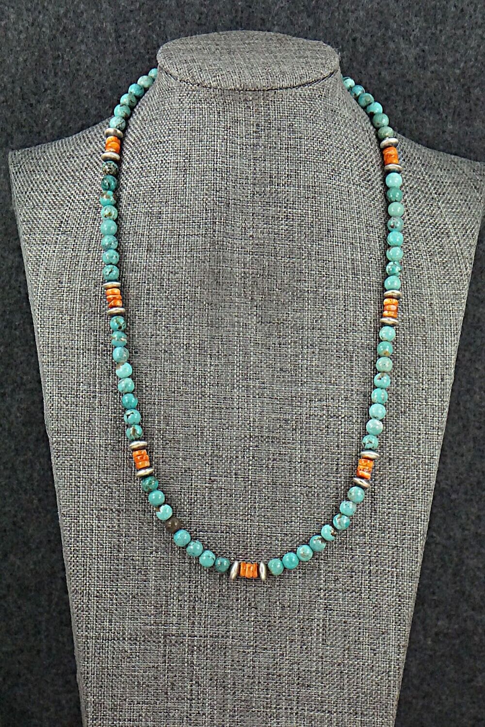 Turquoise, Spiny Oyster & Sterling Silver Necklace 20" - Doreen Jake