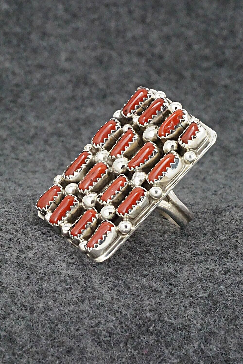 Coral and Sterling Silver Ring - Darlene Begay - Size 8.5