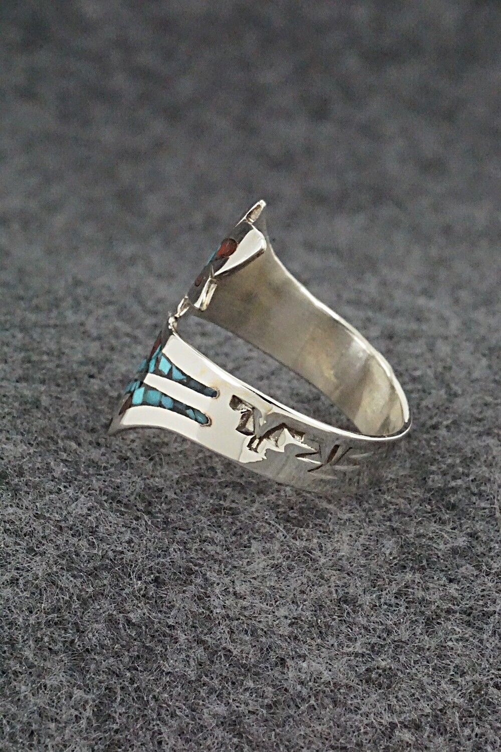 Turquoise, Coral & Sterling Silver Ring - Jolene Yazzie - Size 10