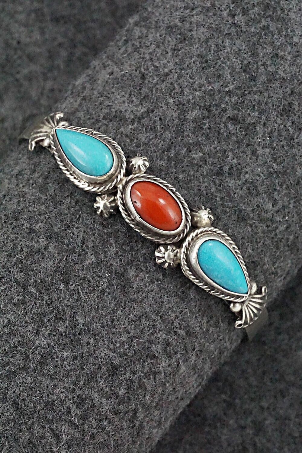 Turquoise, Coral & Sterling Silver Bracelet - Bobby Platero