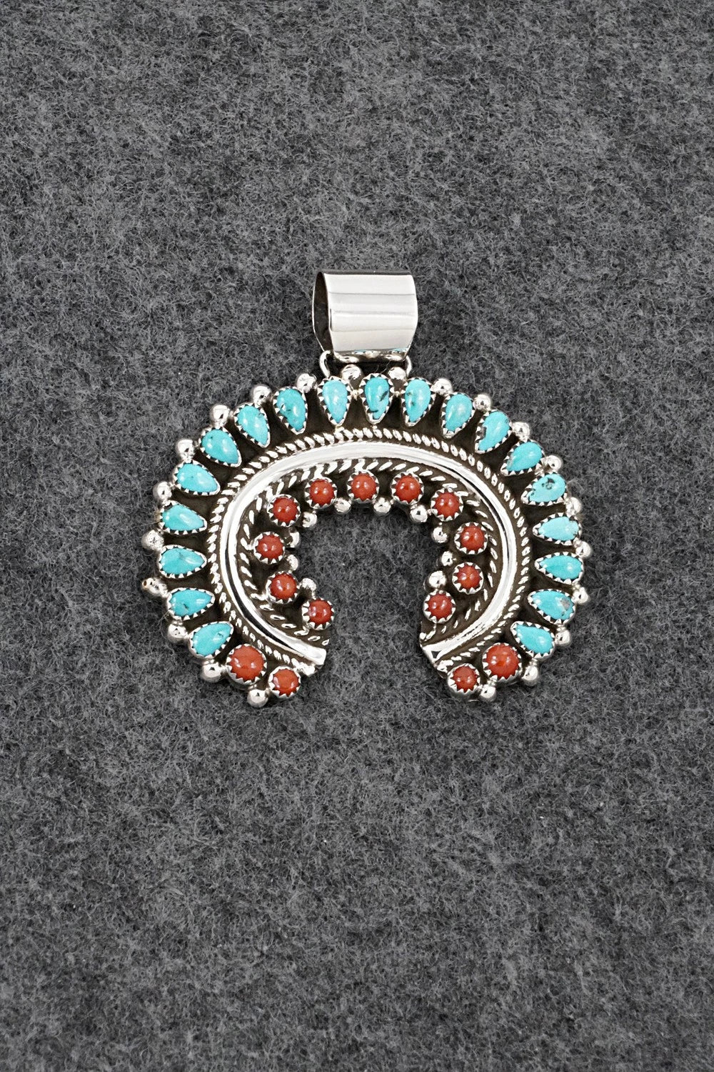 Turquoise, Coral & Sterling Silver Pendant - Leroy Kee