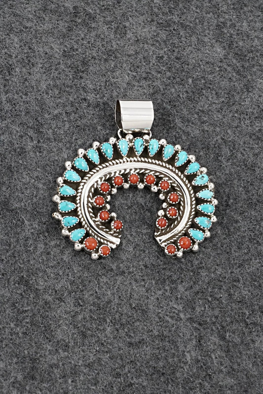 Turquoise, Coral & Sterling Silver Pendant - Leroy Kee