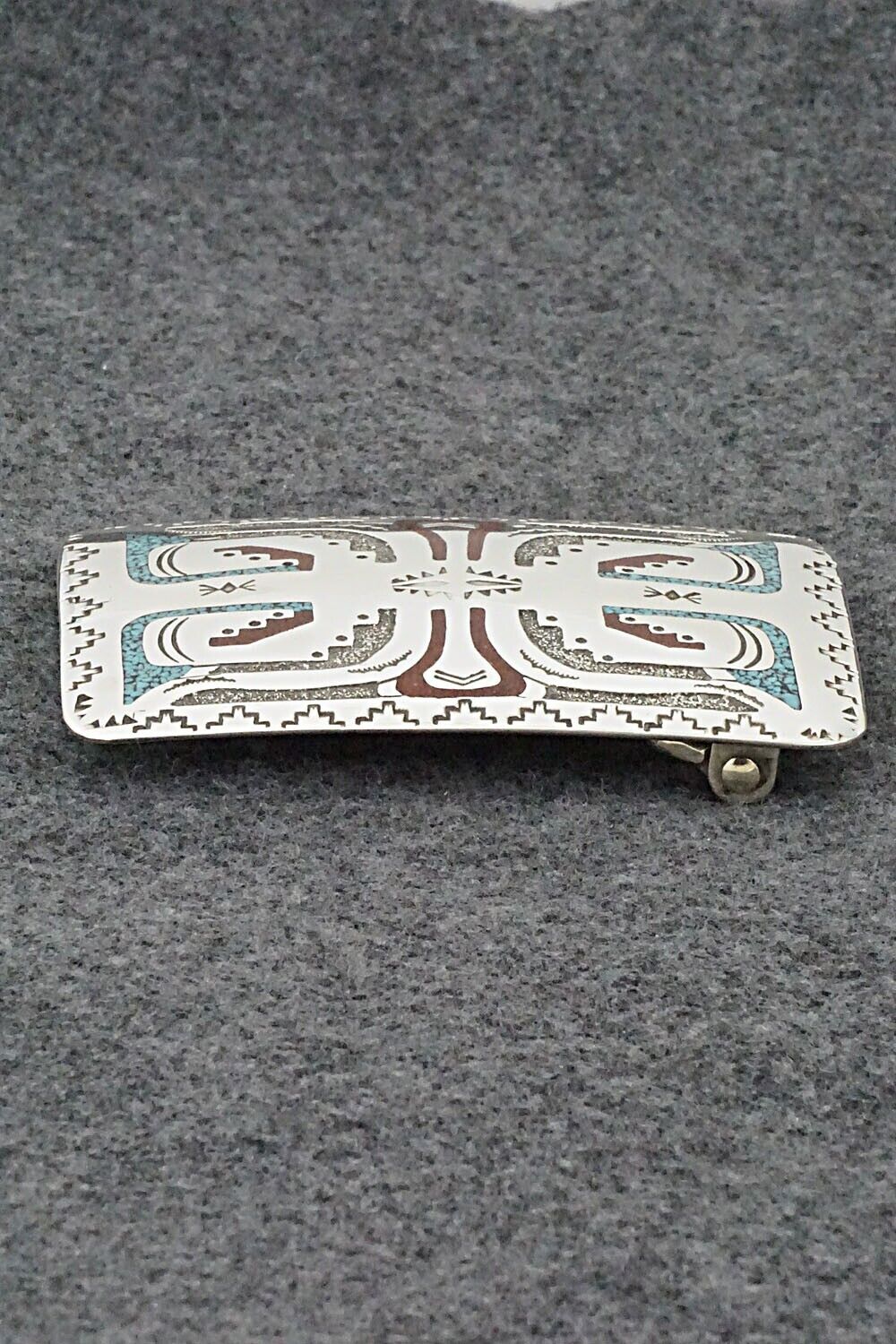 Turquoise, Coral Chip Inlay & Sterling Silver Belt Buckle - Raymond Begay