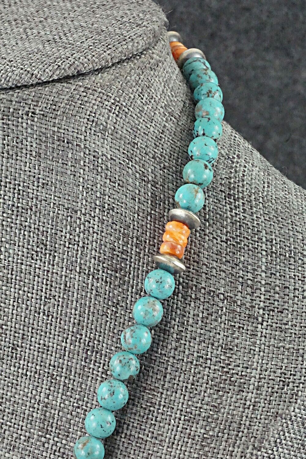 Turquoise, Spiny Oyster & Sterling Silver Necklace 20" - Doreen Jake