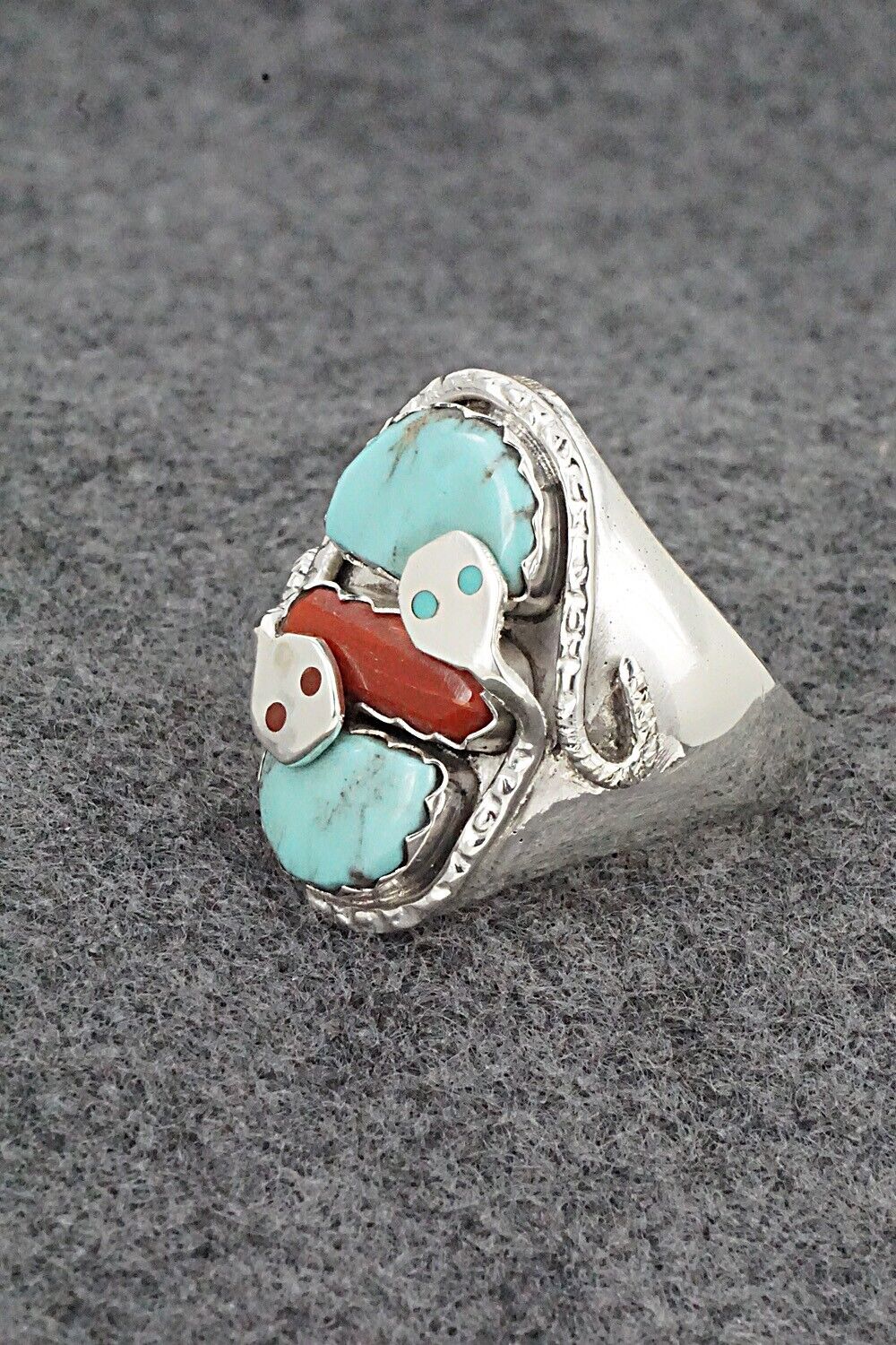 Turquoise, Coral & Sterling Silver Ring - Joy Calavaza - Size 14