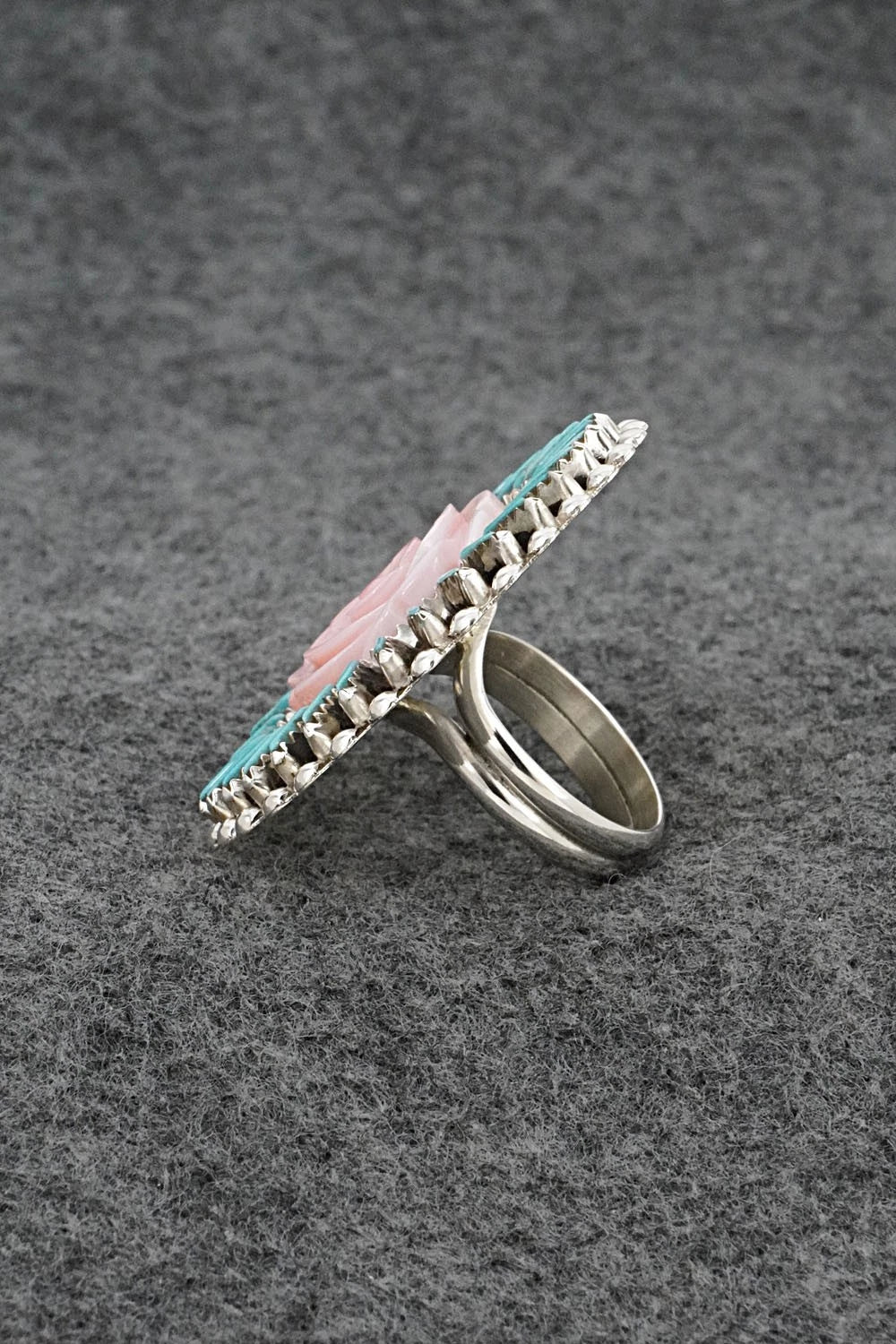 Turquoise, Pink Conch & Sterling Silver Ring - Roland Francisco - Size Adj.