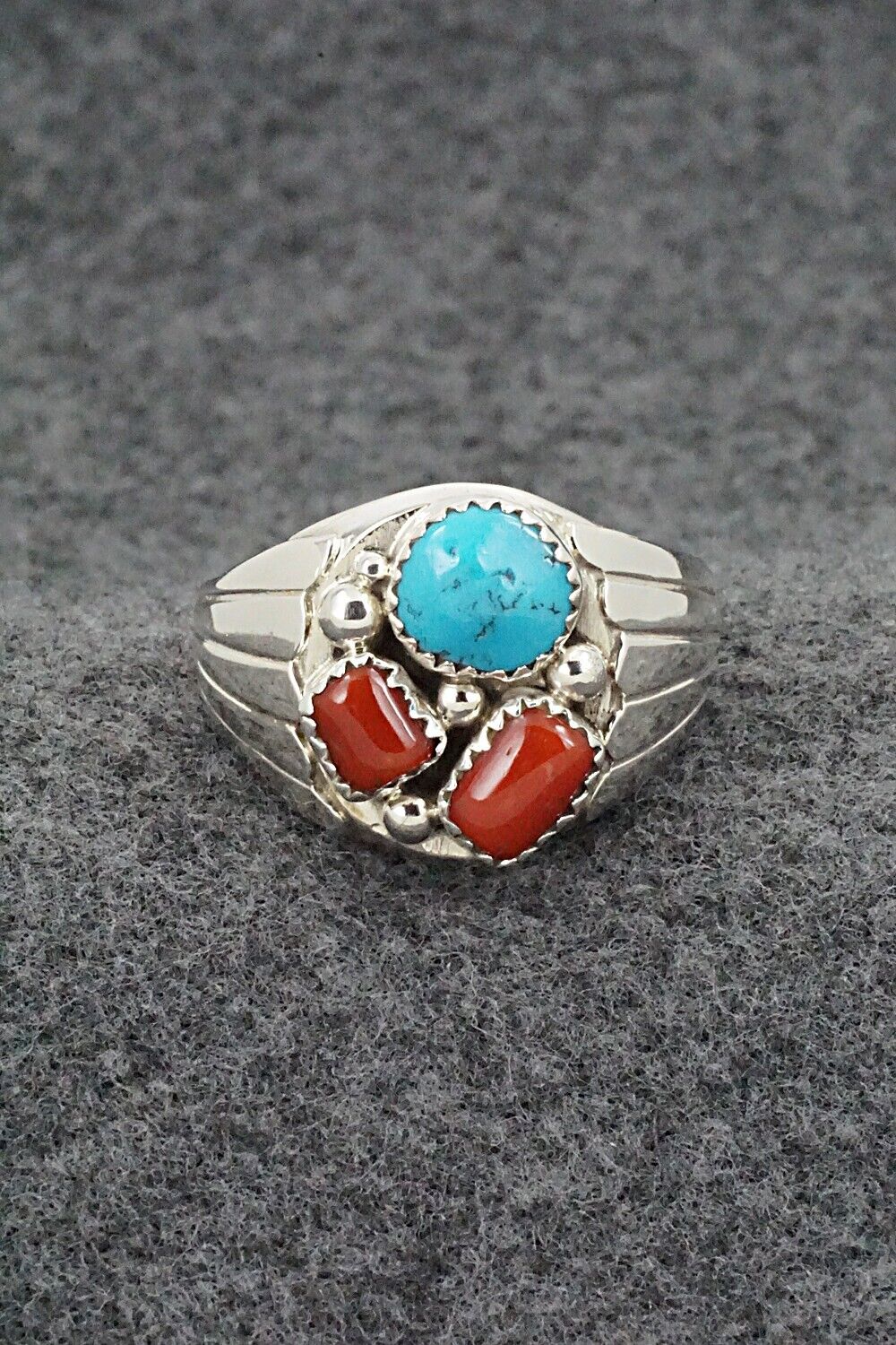 Turquoise, Coral & Sterling Silver Ring - Anna Spencer - 13.5