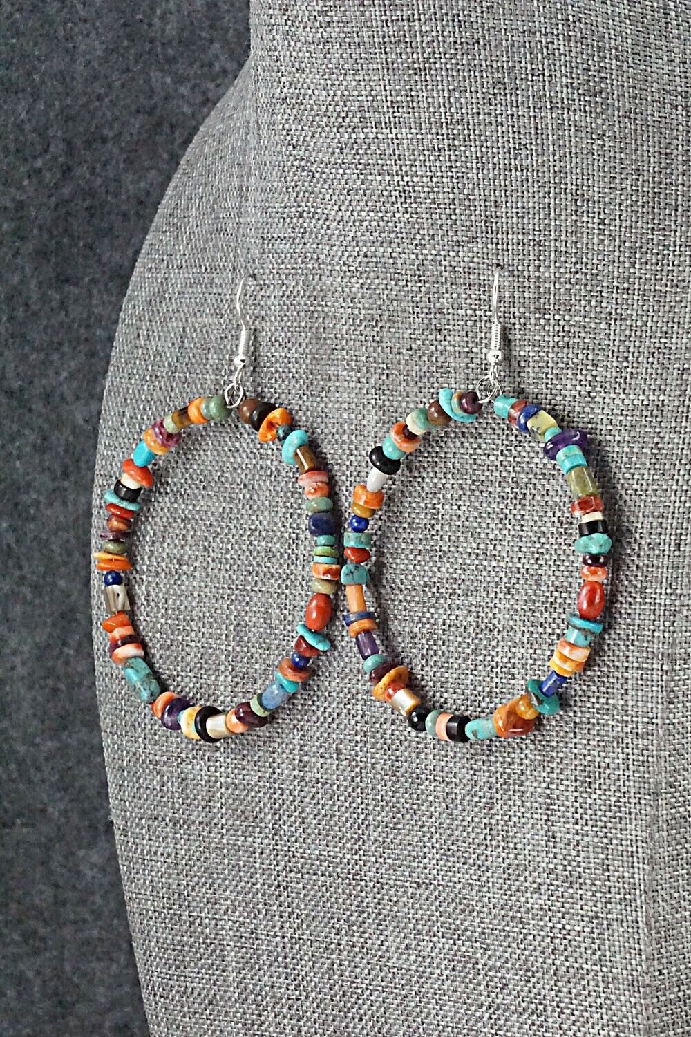 Multi Stone & Sterling Silver Hoop Earrings - Helen Tsosie