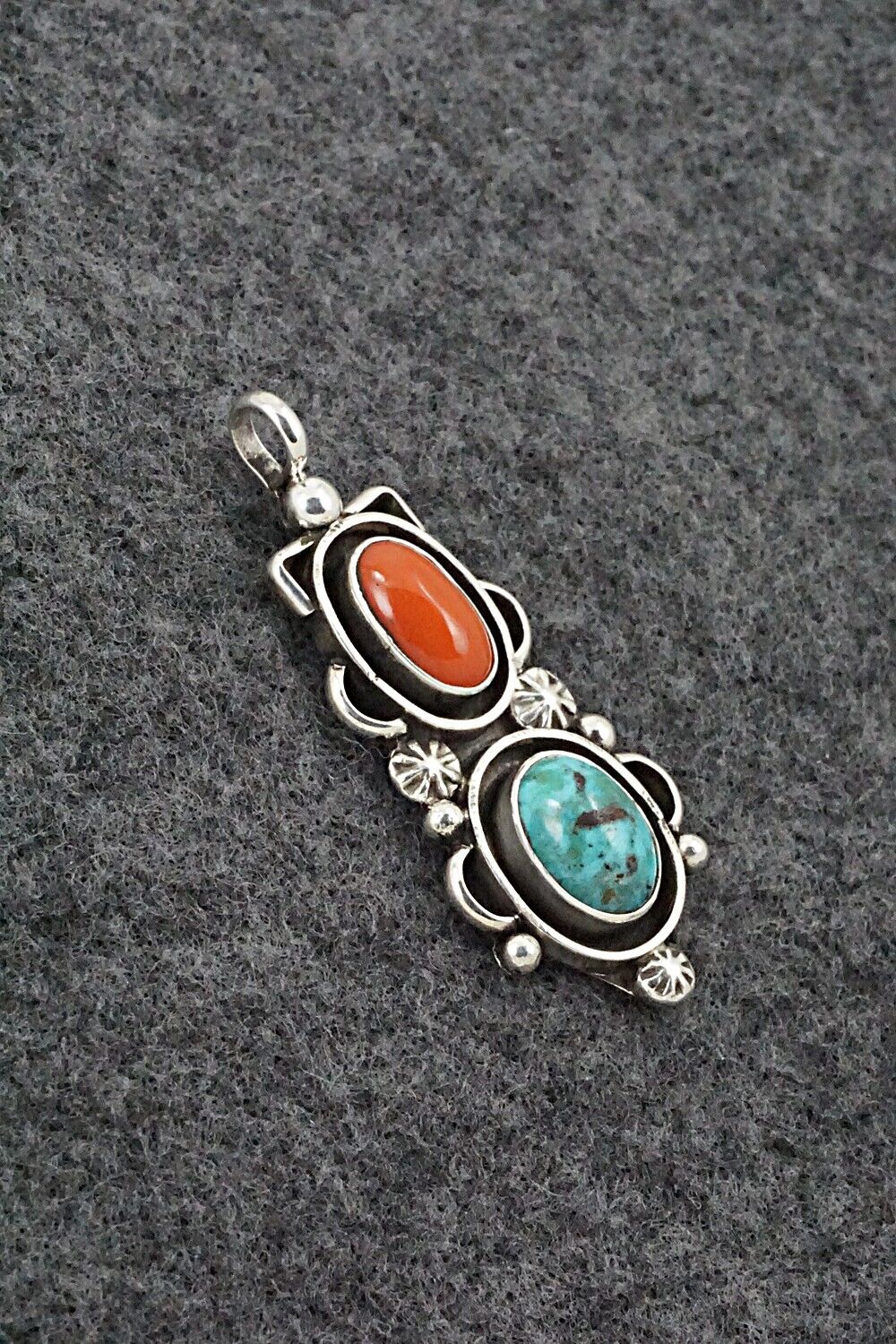 Turquoise, Coral & Sterling Silver Pendant - Roger Lewis