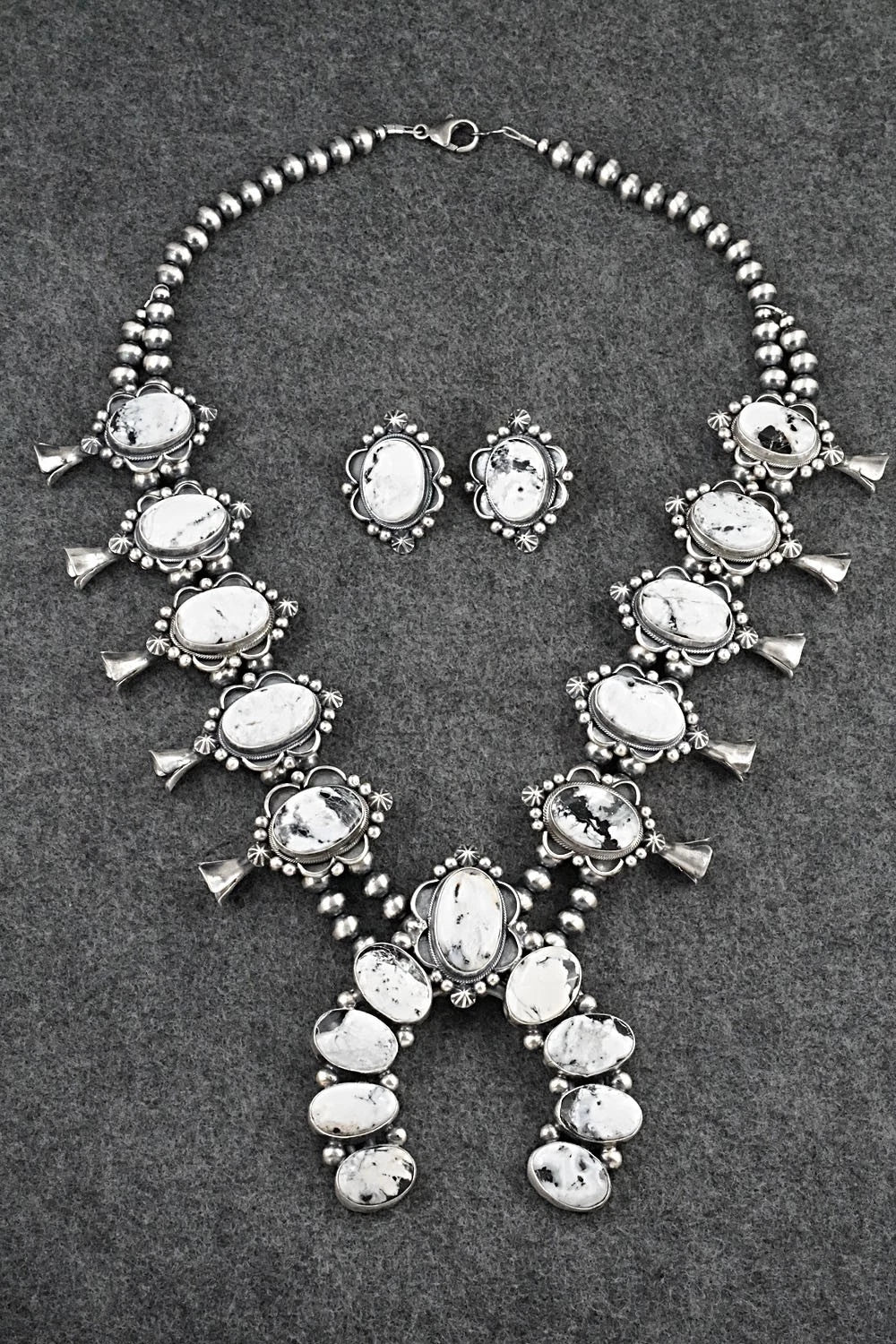 White Buffalo & Sterling Silver Squash Blossom Set - Paul Livingston
