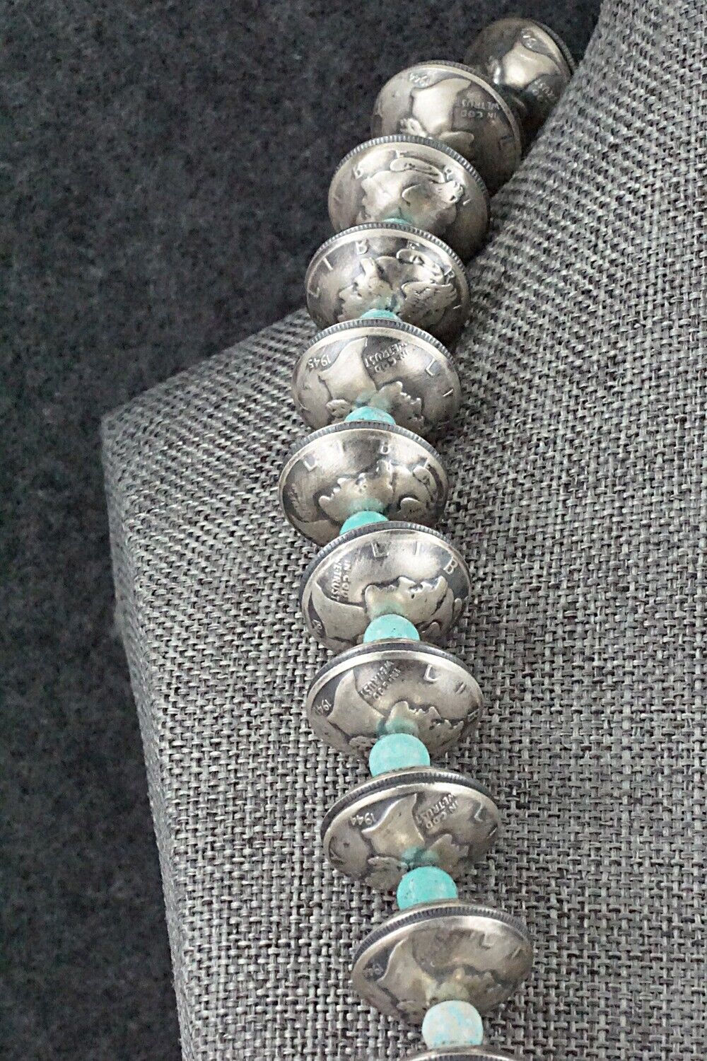 Turquoise & Handmade Mercury Dime Bead Sterling Silver Necklace - Julius Burbank
