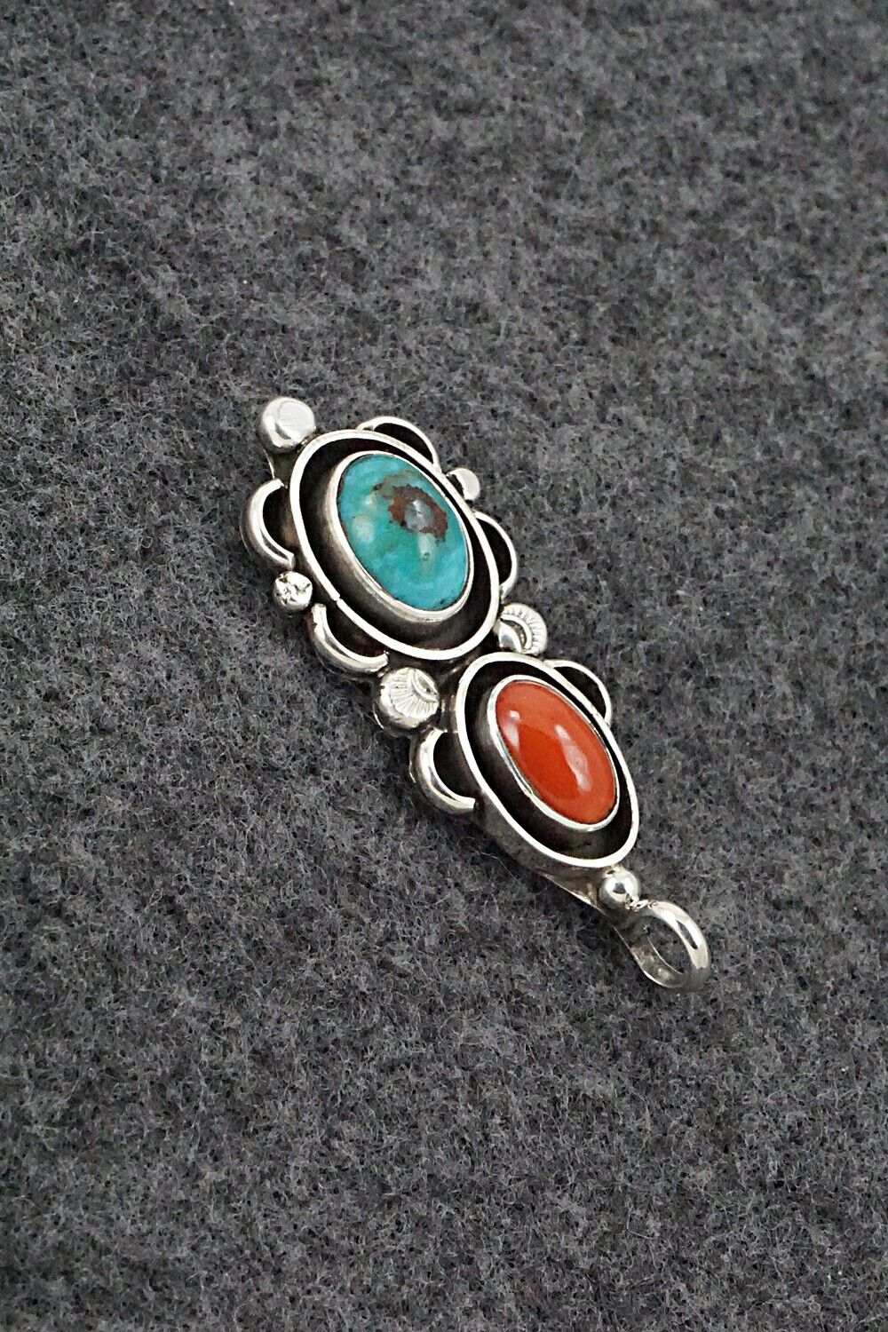 Turquoise, Coral & Sterling Silver Pendant - Roger Lewis