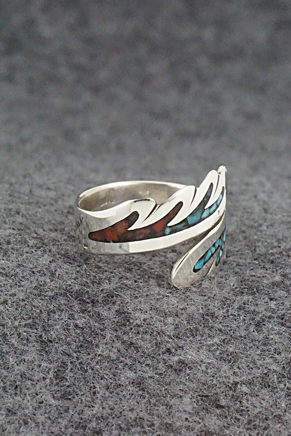Turquoise, Coral & Sterling Silver Ring - Jolene Yazzie - Size 9
