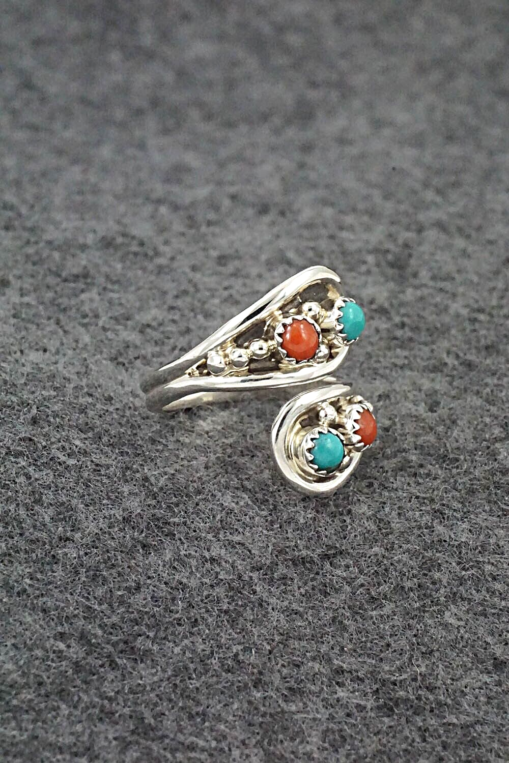 Turquoise, Coral & Sterling Silver Ring - Genevieve Francisco - Size 8.5