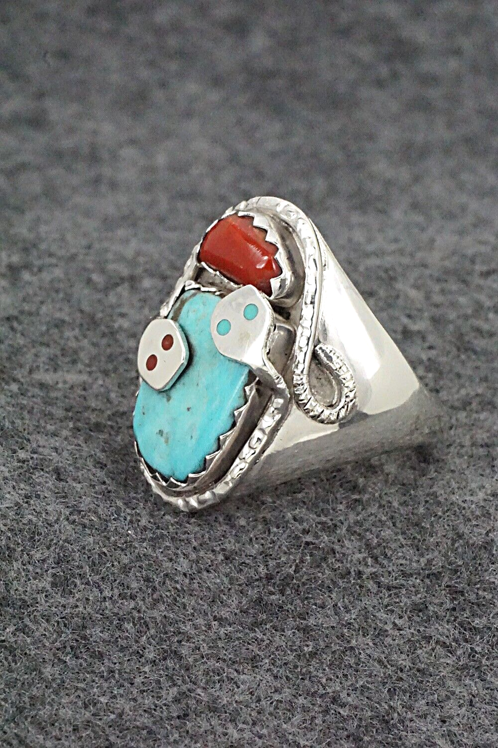 Turquoise, Coral & Sterling Silver Ring - Joy Calavaza - Size 12.5