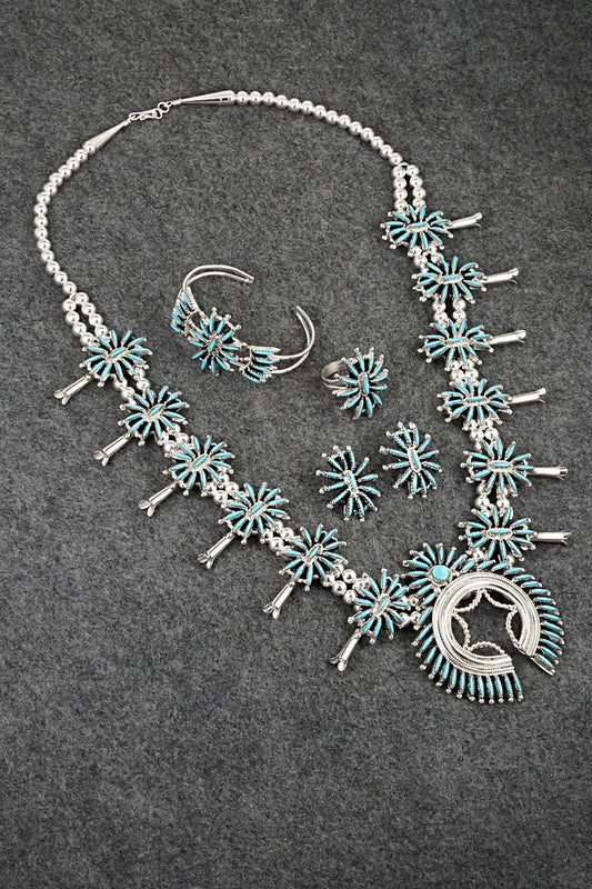 Turquoise & Sterling Silver Squash Blossom Necklace Set - Gerald Etsate