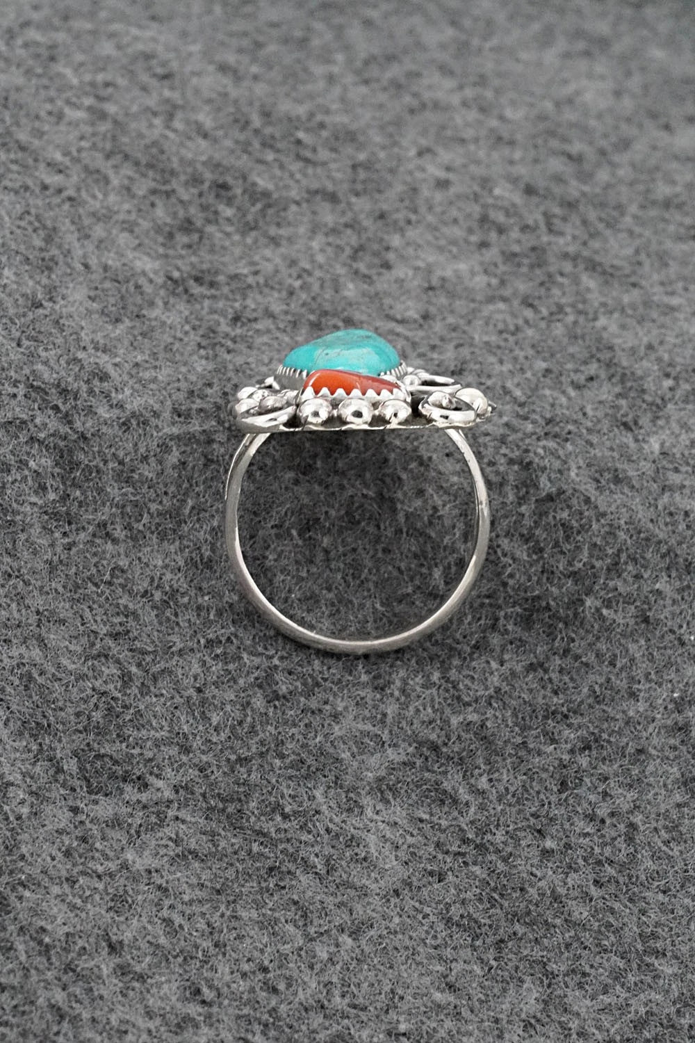 Turquoise, Coral & Sterling Silver Ring - Herbert Begaye - Size 9.5