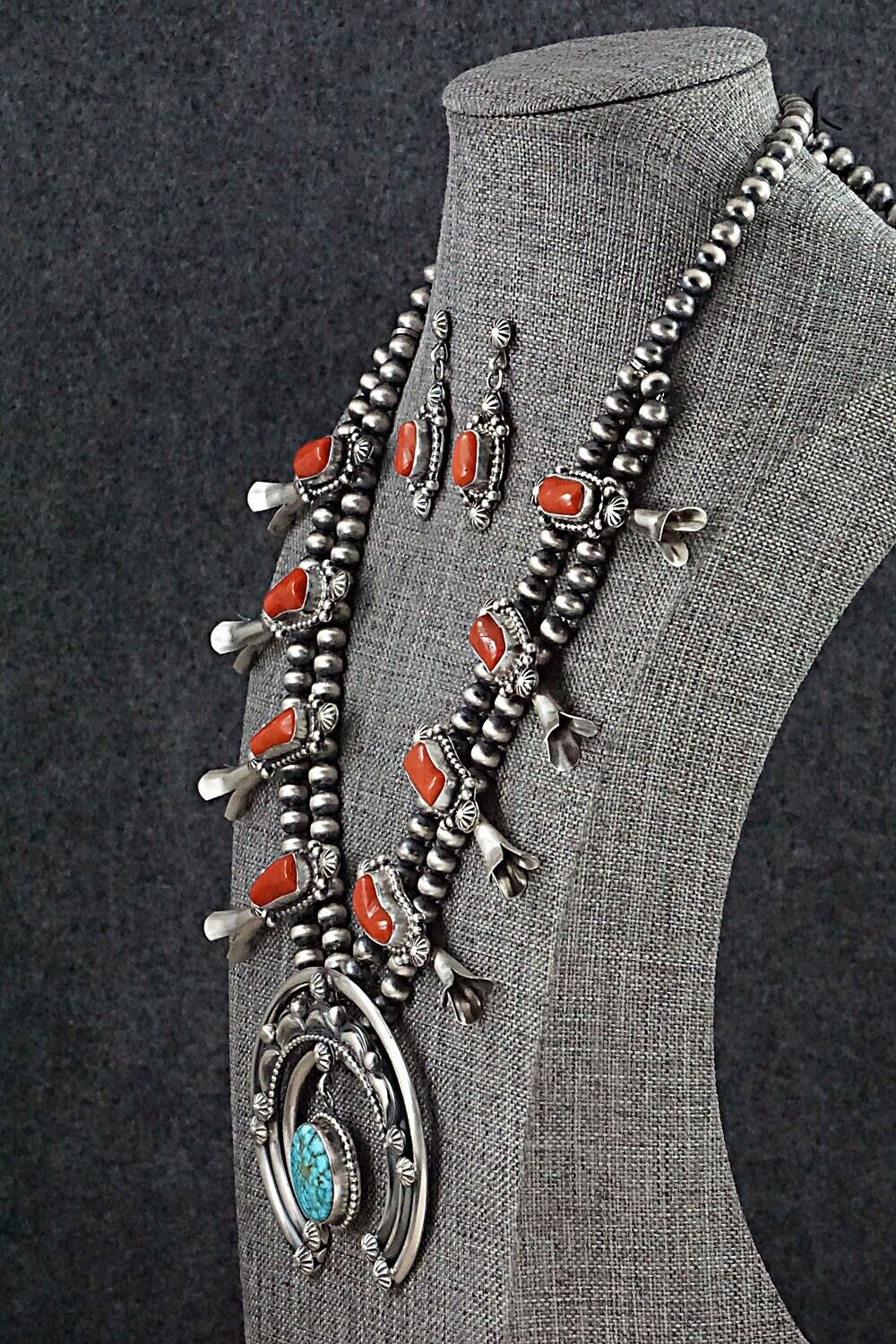 Turquoise, Coral & Sterling Silver Squash Blossom Set - Tom Lewis