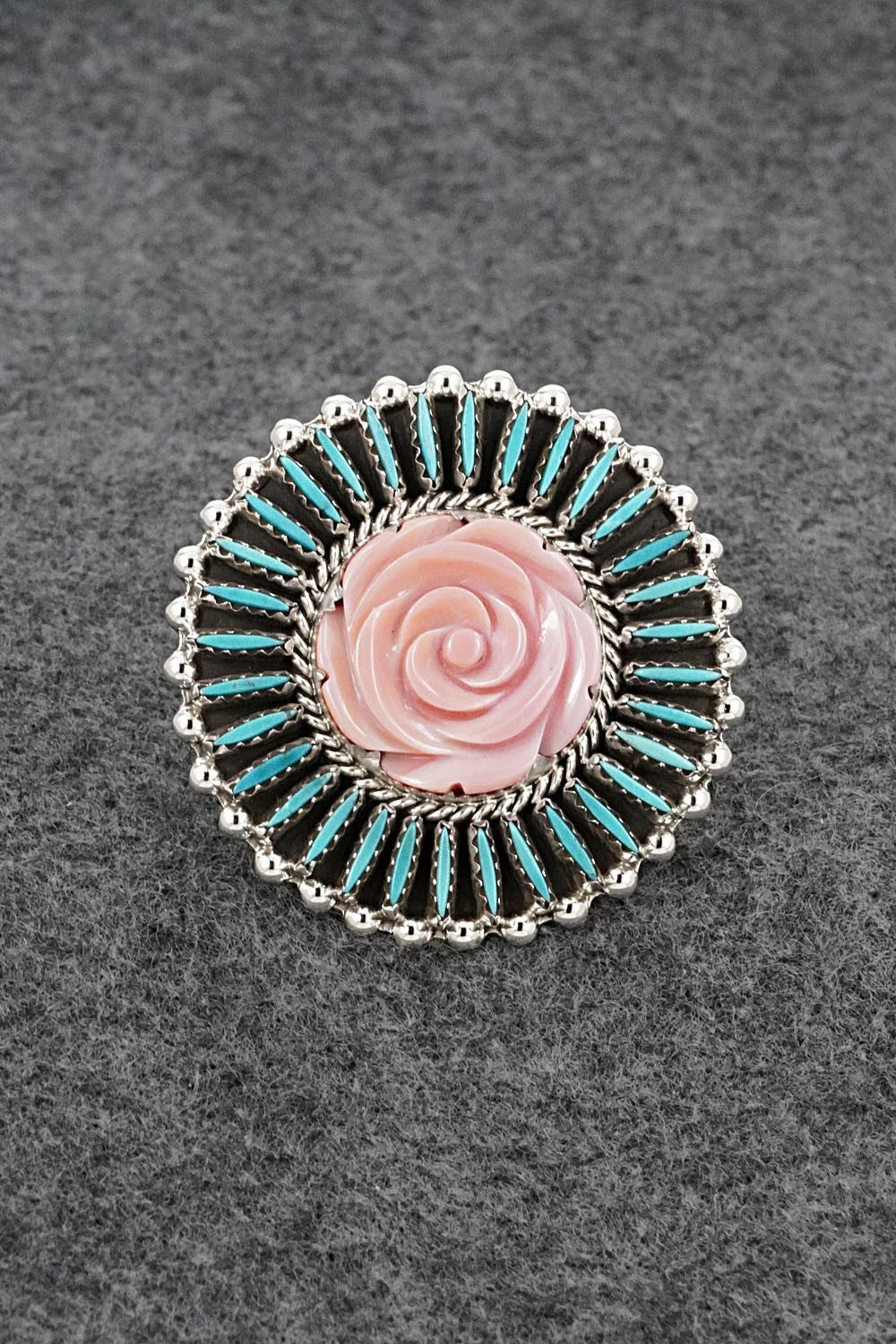 Turquoise, Pink Conch & Sterling Silver Ring - Roland Francisco - Size Adj.