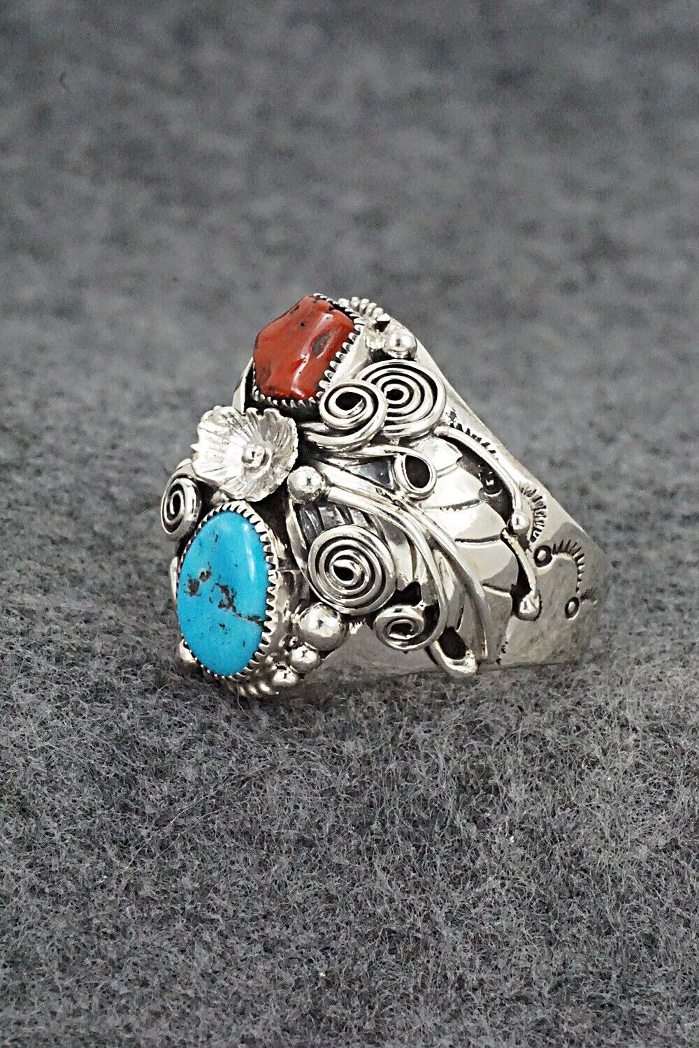 Turquoise, Coral & Sterling Silver Ring - Sarah Yazzie - Size 10.5