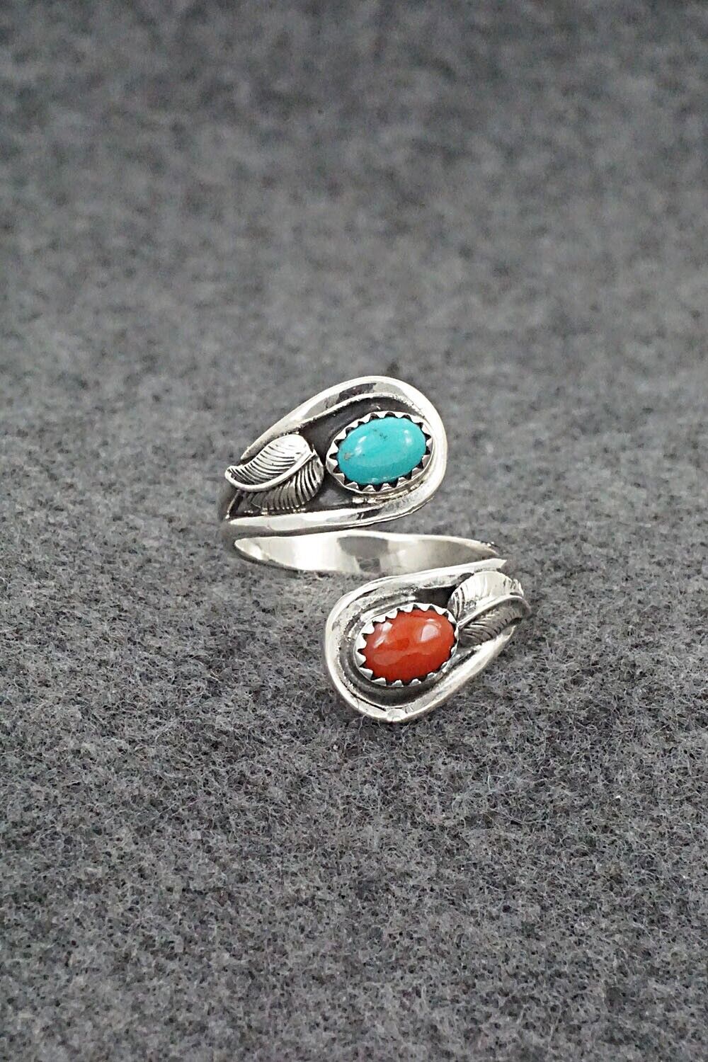 Turquoise, Coral & Sterling Silver Ring - Angela Platero - Size 9
