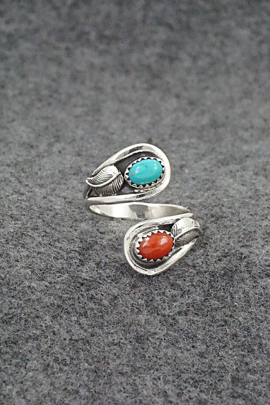 Turquoise, Coral & Sterling Silver Ring - Angela Platero - Size 9