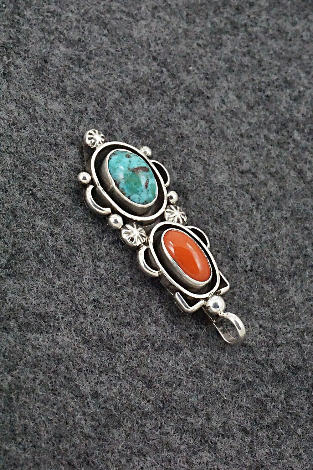 Turquoise, Coral & Sterling Silver Pendant - Roger Lewis