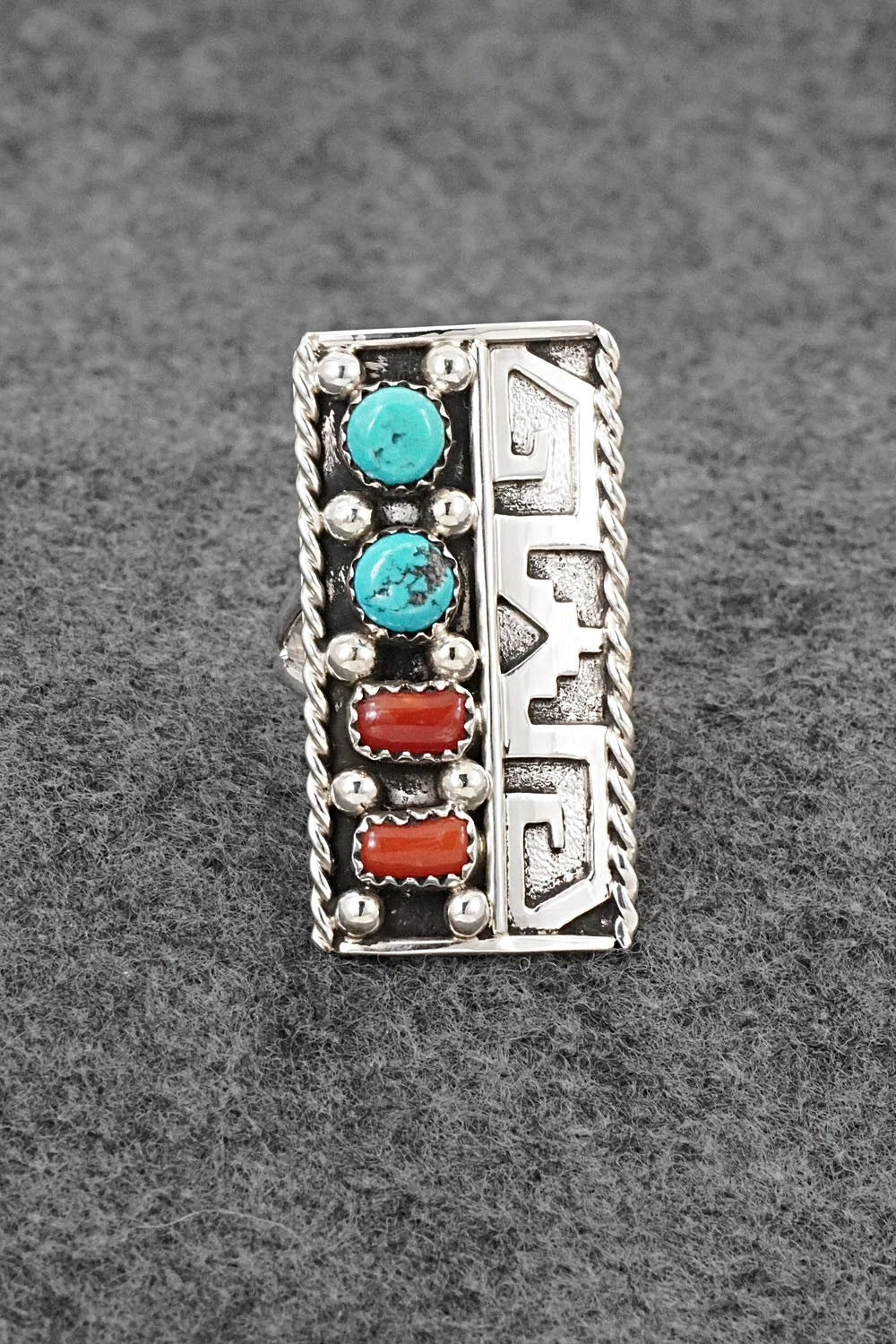 Turquoise, Coral & Sterling Silver Ring - Ronnie Spencer - Size 8.5