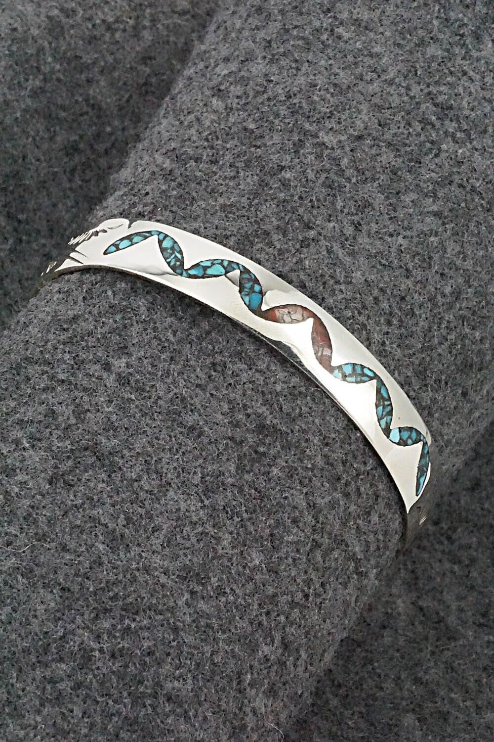 Turquoise, Coral Chip Inlay & Sterling Silver Bracelet - Joleen Yazzie