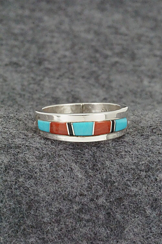 Turquoise, Coral, Onyx & Sterling Silver Ring - Wilbert Muskett Jr. - Size 9